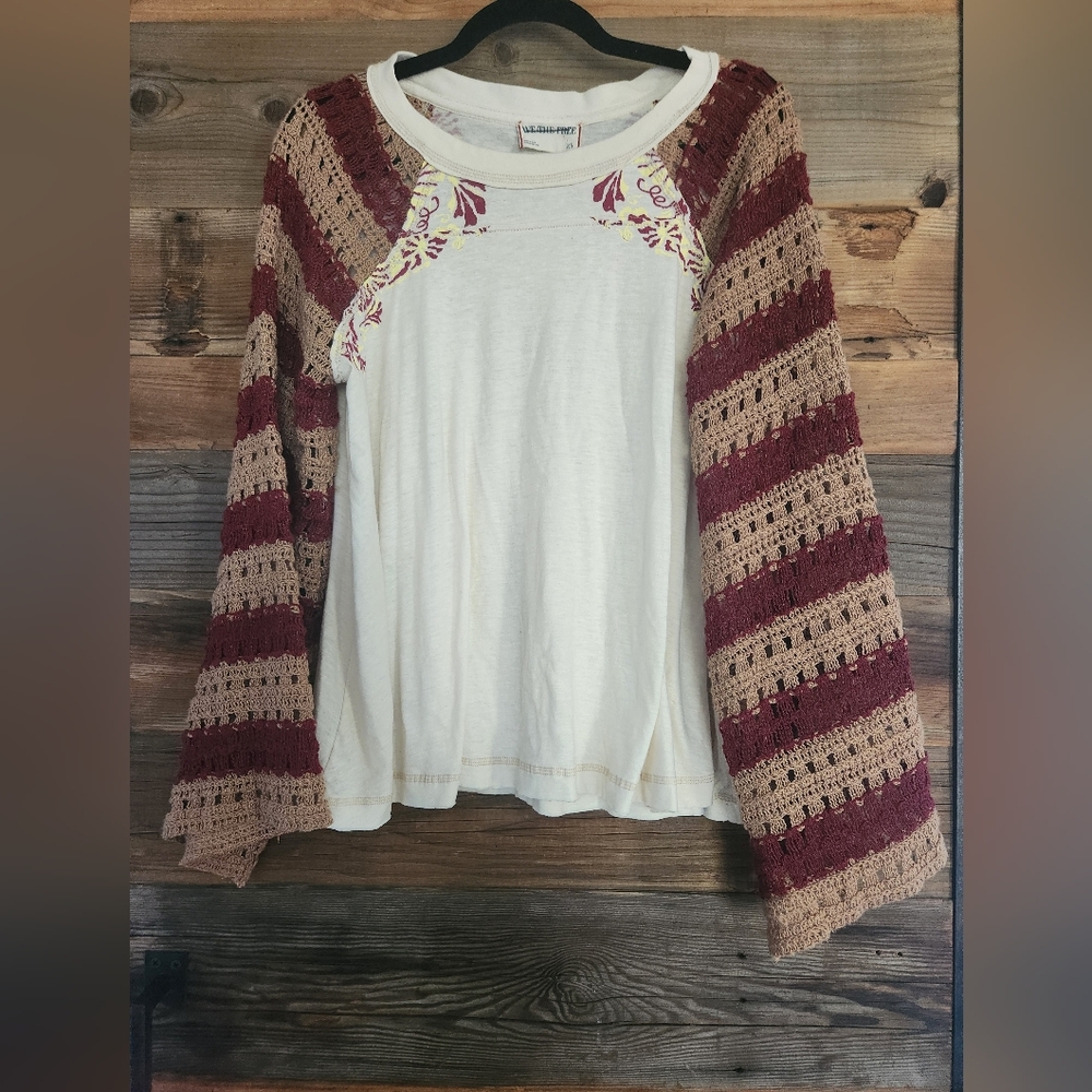 NWOT FREE PEOPLE FESTIVAL READY CROCHET LONG SLEEVE TEE - Picture 2 of 3